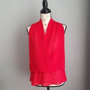 Lipstick RED sleeveless blouse. Faux wrap. Size S